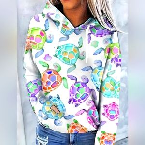 Turtle Hoodie, colorful print, pockets, drawstring, lightweight. L 12/14 Womens